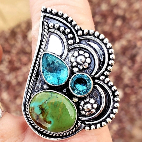 New Chrysocolla & Blue Topaz 925 Silver Ring. - Picture 13 of 16